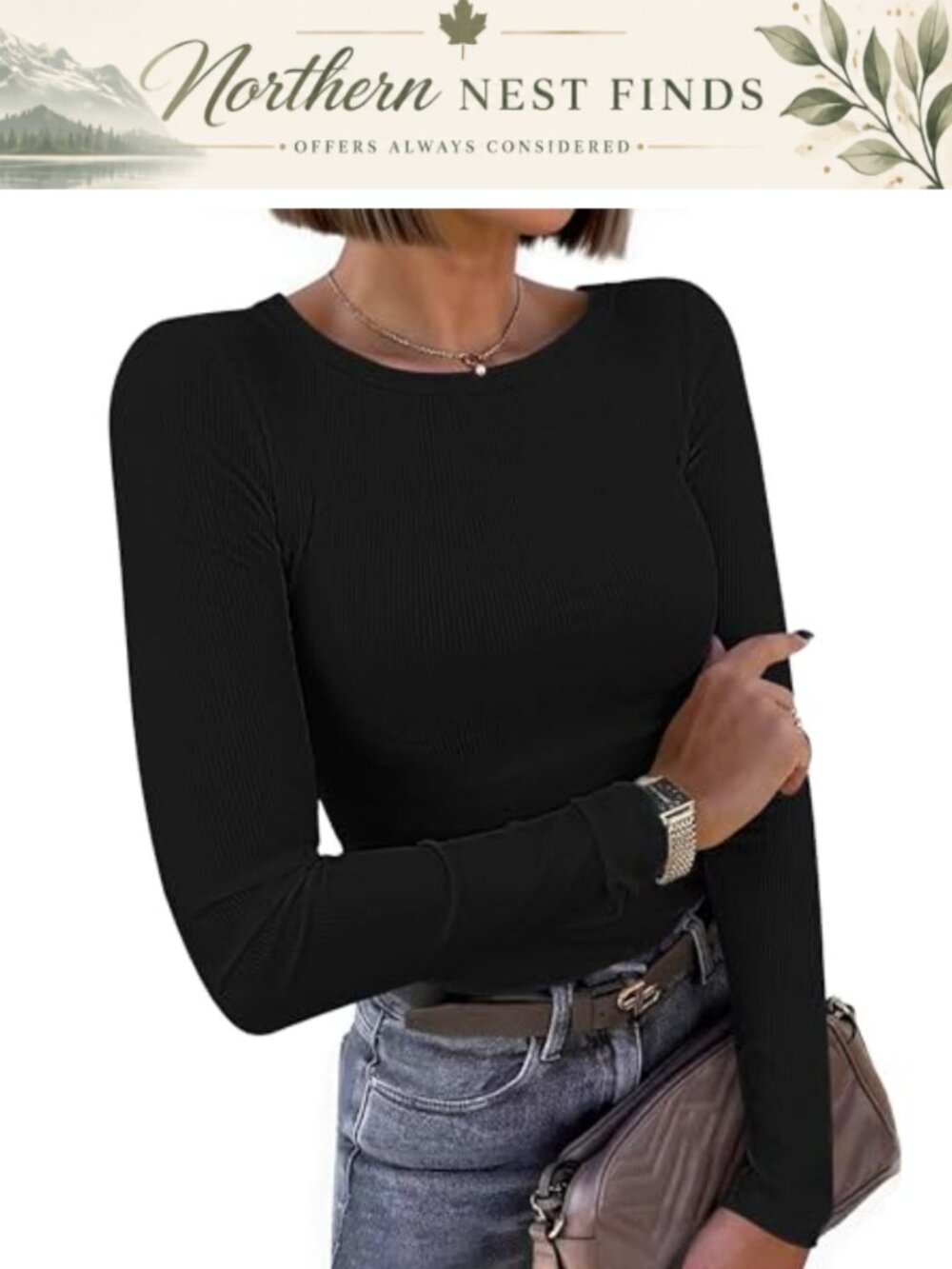 Women's Ribbed Knit Long Sleeve Crewneck Slim Fit T-Shirt